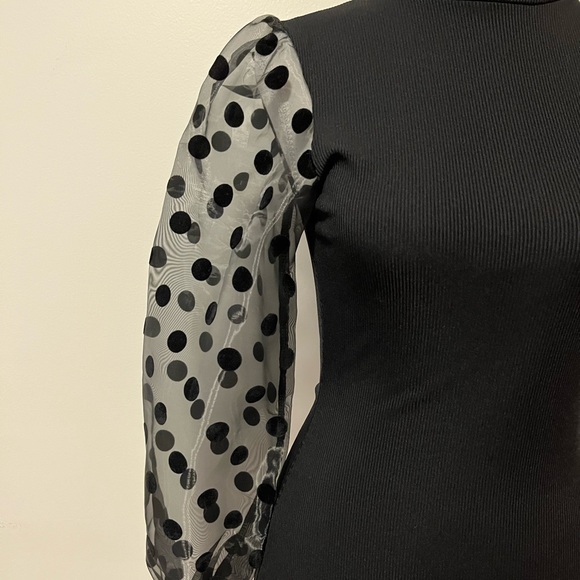 Black Ribbed Top w/ Mesh Polka Dot Sleeves - Picture 2 of 3